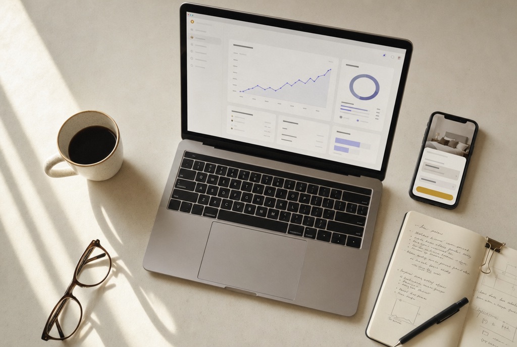 A laptop showing a live business dashboard beside a phone with a new booking notification, on a sunlit desk.