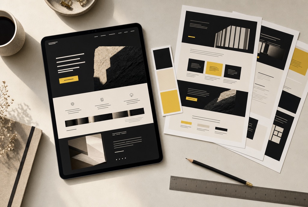 Website design boards fanned across a desk beside a tablet showing a homepage layout and a black, cream and yellow colour palette.